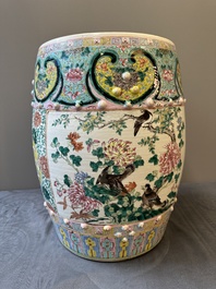 A Chinese famille rose garden seat with birds among blossoming branches, 19th C.