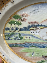An oval Chinese monogrammed Canton famille rose dish with landscape design, 19th C.