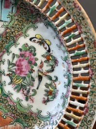 A Chinese Canton famille rose reticulated basket on stand and a bowl with gilt bronze mounts, 19th C.