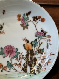 Nine Chinese famille rose cups and eight saucers, Yongzheng/Qianlong