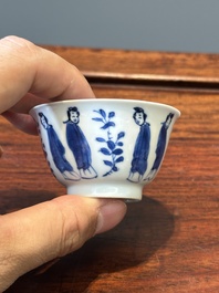 Six Chinese blue and white 'Long Eliza' cups and saucers, various marks, Kangxi