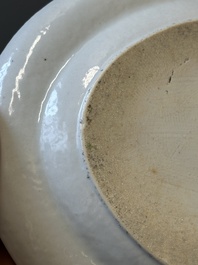 An oval Chinese monogrammed Canton famille rose dish with landscape design, 19th C.
