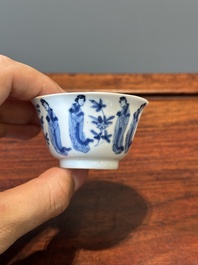 Six Chinese blue and white 'Long Eliza' cups and saucers, various marks, Kangxi