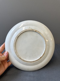 A pair of Chinese monogrammed Canton famille rose plates with black-glazed rims, 19th C.