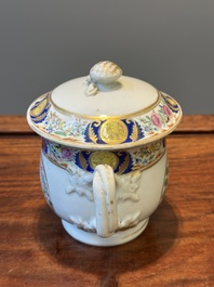 A rare Chinese Canton famille rose covered sugar bowl, a cup and saucer, 19th C.