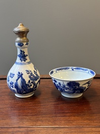 A Chinese blue and white bowl and a silver mounted vase, Shen De Tang Zhi 慎德堂製 mark, Kangxi