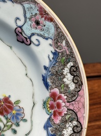 Four Chinese famille rose plates with flowers and animals, Yongzheng/Qianlong