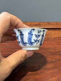 Six Chinese blue and white 'Long Eliza' cups and saucers, various marks, Kangxi