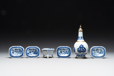 Five Chinese blue and white salts and a sprinkler with copper mounts, Kangxi/Jiaqing
