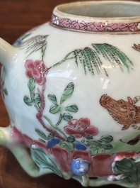 A pair of Chinese famille rose 'boy and buffalo' teapots, Yongzheng