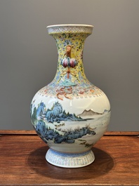 A Chinese famille rose vase with a mountainous landscape, Qianlong mark, Republic