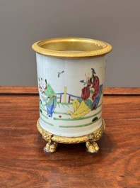 A Chinese famille rose 'Tao Yuanming 陶淵明' brush pot with gilt bronze mounts, Yongzheng