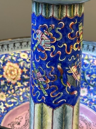 A large Chinese Canton enamel blue-ground 'shou' candlestick, Qianlong/Jiaqing