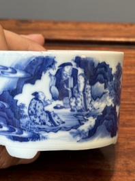 A Chinese blue and white rouleau vase and a tripod censer, Kangxi