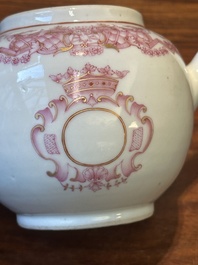 A 28-piece Chinese puce-enamelled and gilt armorial tea service with crowned monograms, Qianlong
