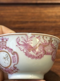 A 28-piece Chinese puce-enamelled and gilt armorial tea service with crowned monograms, Qianlong