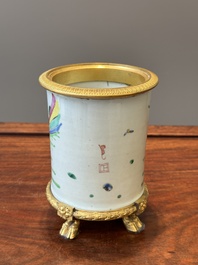 A Chinese famille rose 'Tao Yuanming 陶淵明' brush pot with gilt bronze mounts, Yongzheng
