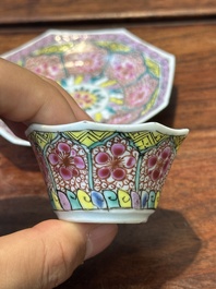 Nine Chinese famille rose cups and eight saucers, Yongzheng/Qianlong
