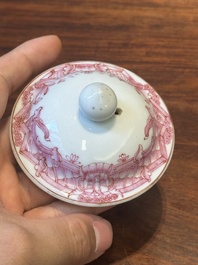 A 28-piece Chinese puce-enamelled and gilt armorial tea service with crowned monograms, Qianlong