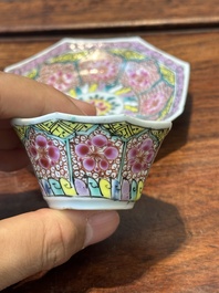 Nine Chinese famille rose cups and eight saucers, Yongzheng/Qianlong