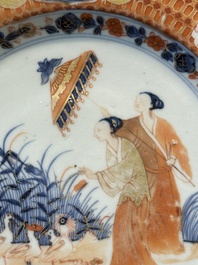 Three Chinese Imari-style 'Parasol ladies' plates after Cornelis Pronk, Qianlong