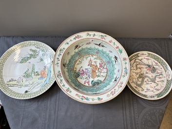 A Chinese famille verte dish, a famille rose basin and a dish, 19th C.
