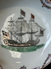 A rare Chinese famille rose 'European merchant ship' cup and saucer, Qianlong