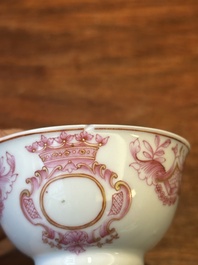 A 28-piece Chinese puce-enamelled and gilt armorial tea service with crowned monograms, Qianlong