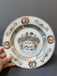 A Chinese grisaille armorial dish and two plates for the Dutch, English and Scottish markets, Qianlong