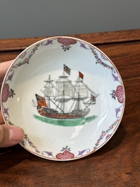 A rare Chinese famille rose 'European merchant ship' cup and saucer, Qianlong