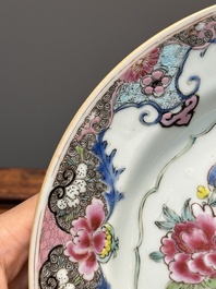 Four Chinese famille rose plates with flowers and animals, Yongzheng/Qianlong