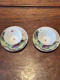 A pair of Chinese famille rose cups and saucers with horses, Yongzheng