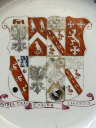 A Chinese grisaille armorial dish and two plates for the Dutch, English and Scottish markets, Qianlong