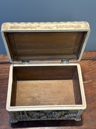 A Chinese Canton carved wooden casket with a famille rose plaque, Republic