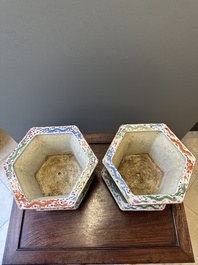 A pair of hexagonal Chinese Canton famille rose jardinieres on stands, 19th C.