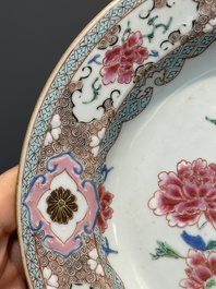 Four Chinese famille rose plates with flowers and animals, Yongzheng/Qianlong