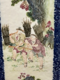 Een zeldzame Chinese ruitvormige Canton famille rose 'visser, houthakker, boer en geleerde 漁樵耕讀圖' vaas, Qianlong