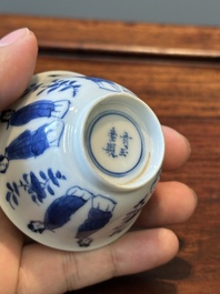 Six Chinese blue and white 'Long Eliza' cups and saucers, various marks, Kangxi