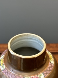 A Chinese capucin-brown-ground famille rose garniture of five vases with floral design, Qianlong