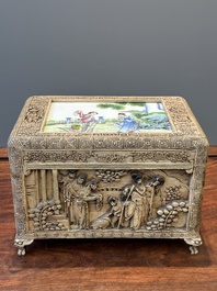 A Chinese Canton carved wooden casket with a famille rose plaque, Republic