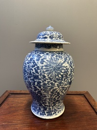 A Chinese blue and white 'lotus scroll' vase and cover, Kangxi