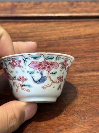 Nine Chinese famille rose cups and eight saucers, Yongzheng/Qianlong