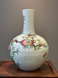 A Chinese famille rose relief-molded 'tianqiuping' vase with nine peaches, Qianlong mark, 19/20th C.