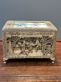 A Chinese Canton carved wooden casket with a famille rose plaque, Republic