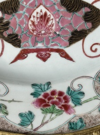 A Chinese famille rose 'flower basket' dish with gilt bronze mount, Yongzheng