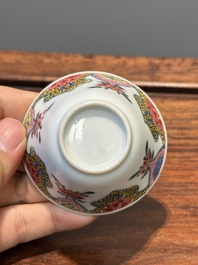 Five Chinese famille rose cups and six saucers with floral decor, Yongzheng/Qianlong