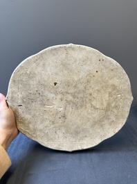 A pair of Chinese Canton famille rose monogrammed plates and a large '100 butterflies' tray, 19th C.