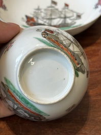 A rare Chinese famille rose 'European merchant ship' cup and saucer, Qianlong
