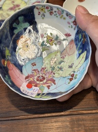 Collection de sept pi&egrave;ces en porcelaine de Chine famille rose &agrave; d&eacute;cor de feuilles de tabac, Qianlong