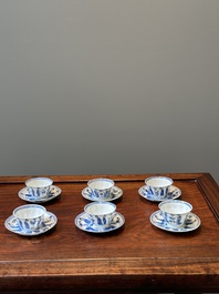 Six Chinese blue and white 'Long Eliza' cups and saucers, various marks, Kangxi